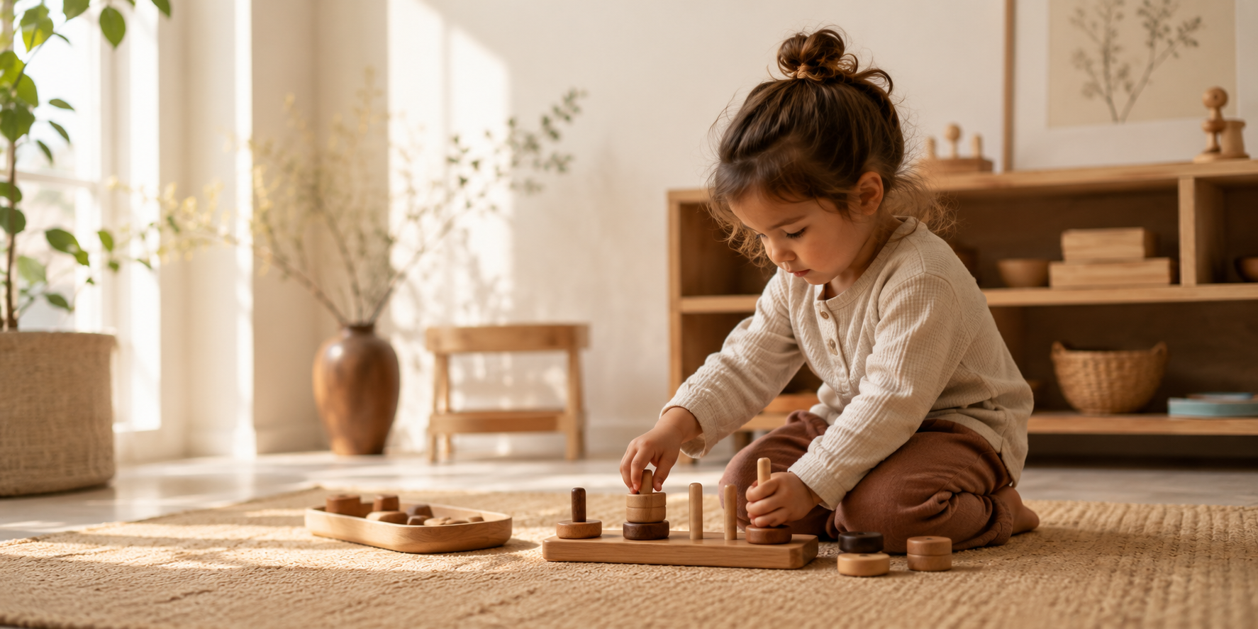 toddler girl with stacking toy